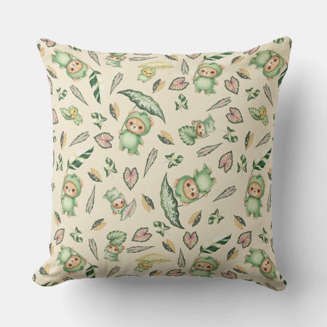 Cute Dinosaur Bear and  Leaves Seamless Pattern Throw Pillow (Front)
