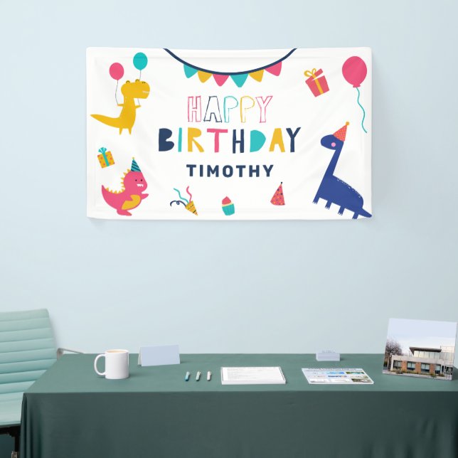 Cute Dinosaur Birthday Colorful Whimsical Banner (Tradeshow)