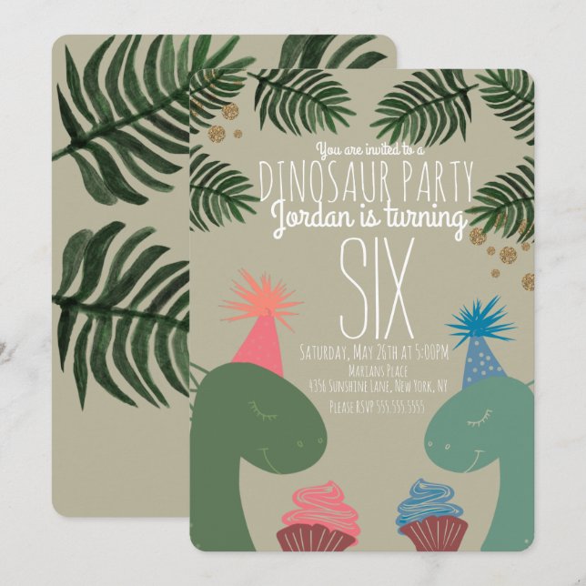 Cute Dinosaur Birthday Cupcakes Glittler Confetti Invitation (Front/Back)