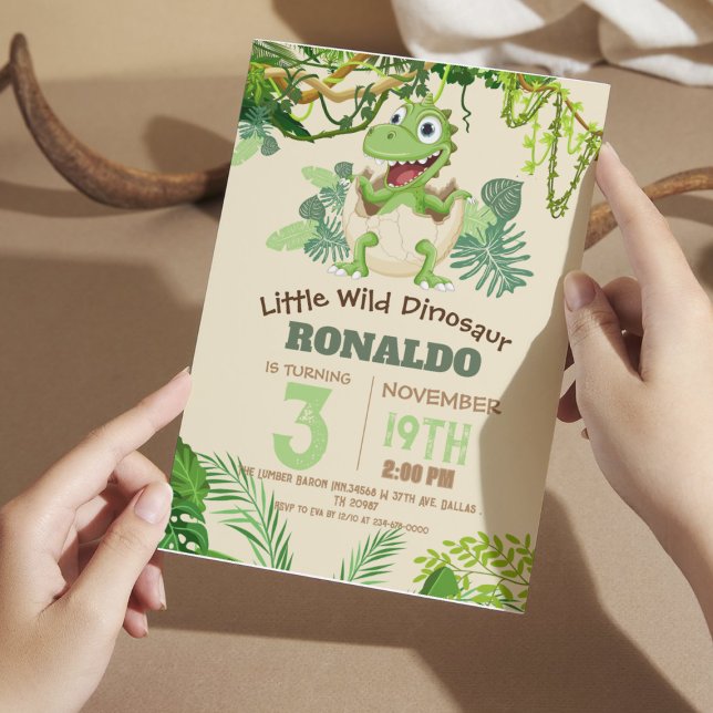 Cute Dinosaur Birthday Green Tropical 3rd Invitation (Creator Uploaded)