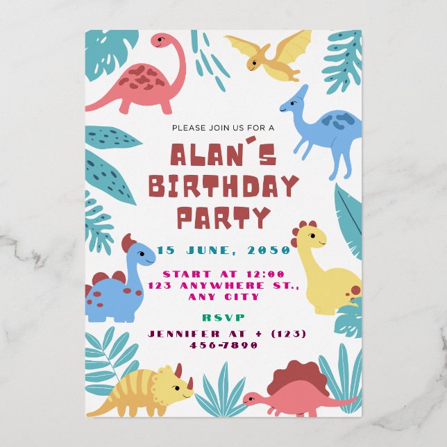 Cute Dinosaur Birthday Invitation Foil Invitation (Front)