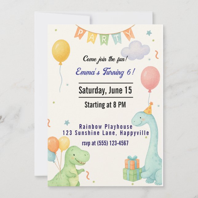 Cute Dinosaur Birthday Invitation – Gender Neutral (Front)