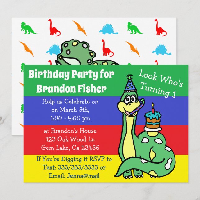 Cute Dinosaur Birthday Invitations (Front/Back)