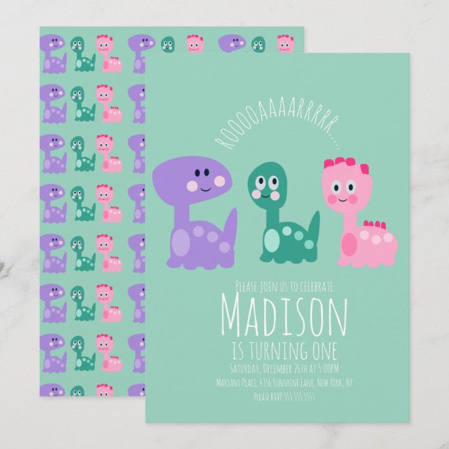 Cute Dinosaur Birthday Party Colorful Invitation (Front/Back)