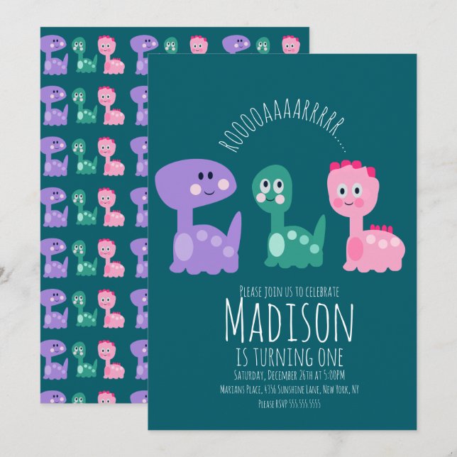Cute Dinosaur Birthday Party Colorful Invitation (Front/Back)