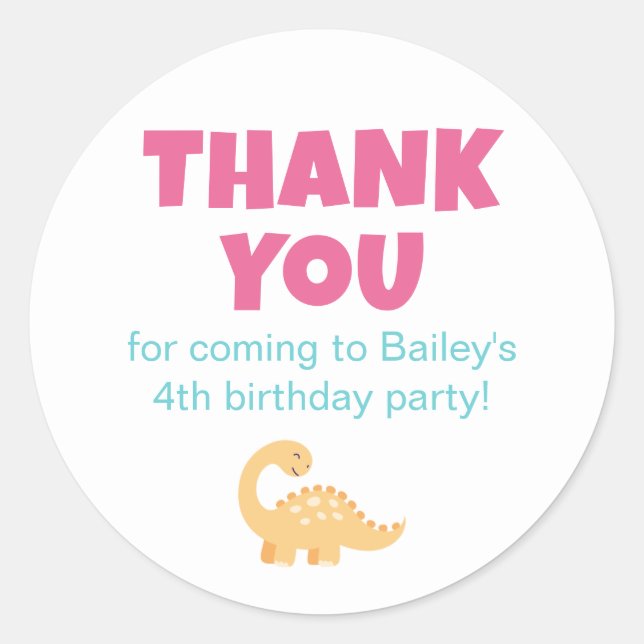 Cute Dinosaur Birthday Party Favor Thank You Classic Round Sticker (Front)