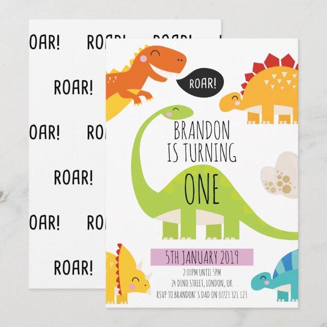 Cute Dinosaur Birthday Party Invitation (Front/Back)