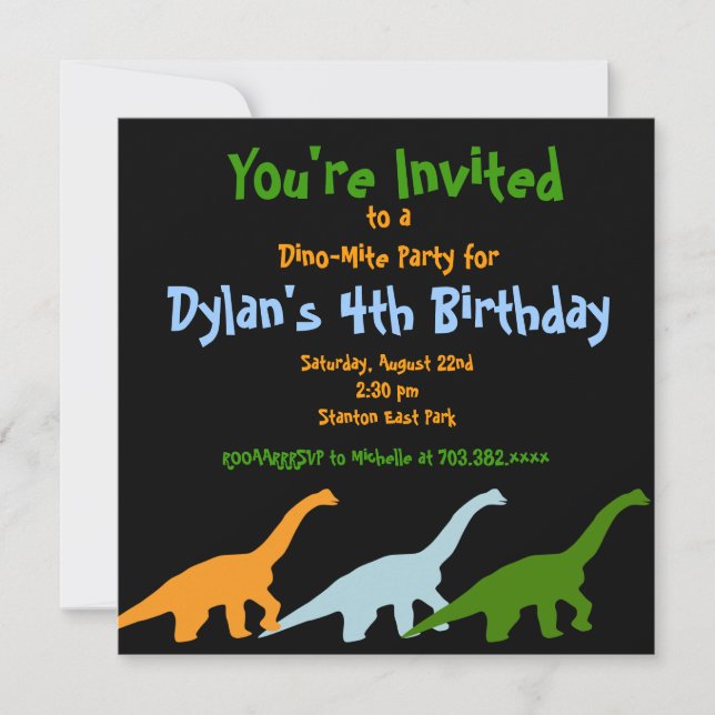 Cute Dinosaur Birthday Party Invitations Black (Front)