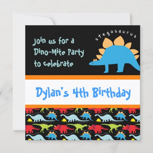 Cute Dinosaur Birthday Party Invitations Black
