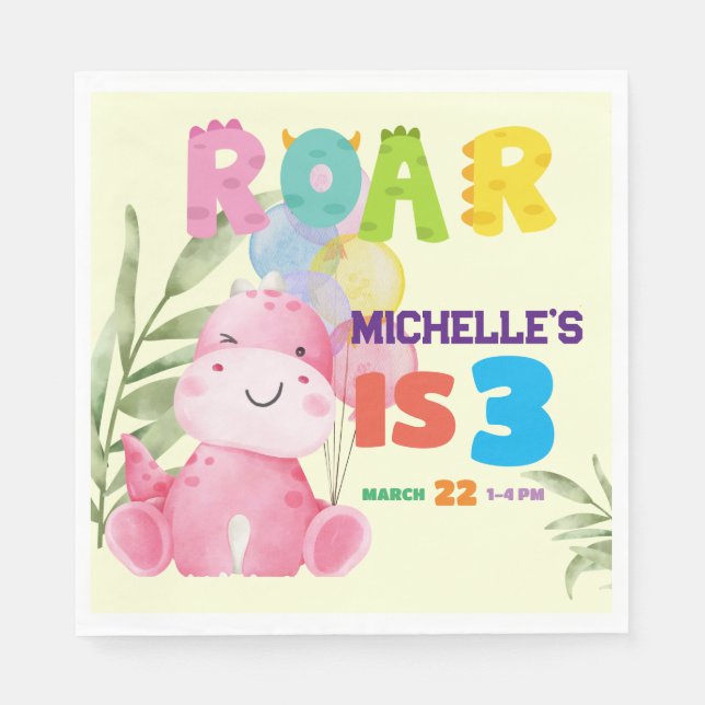 Cute Dinosaur Birthday Party Kids Dino Girls Napkins (Front)