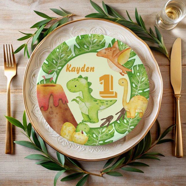 Cute Dinosaur birthday party personalised Paper Plates (Dinosaur birthday party personalized paper plates dinosaurs birthday party supplies)