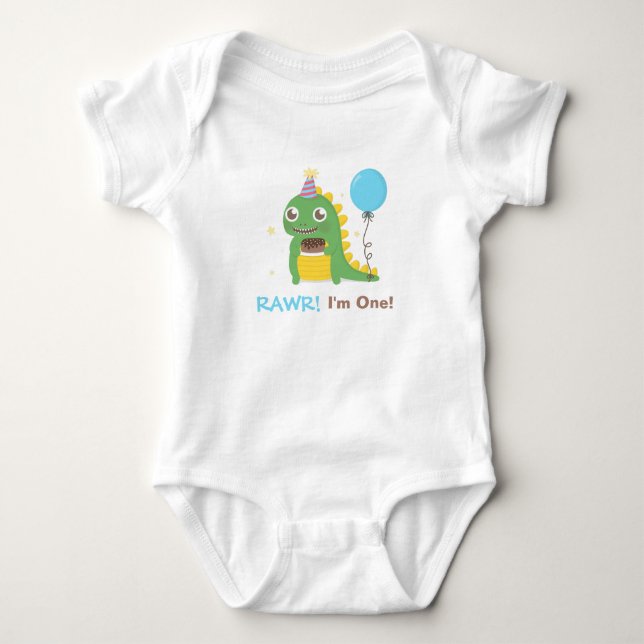 Cute Dinosaur Birthday Party Rawr I am One Baby Bodysuit (Front)