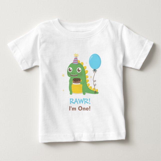 Cute Dinosaur Birthday Party Rawr I am One Baby T-Shirt (Front)
