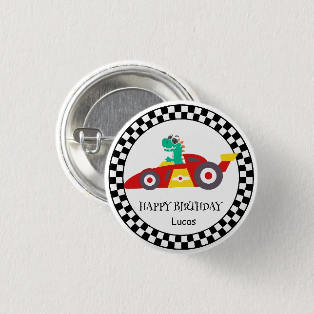 Cute Dinosaur Birthday racing car boy kids name Button (Front & Back)
