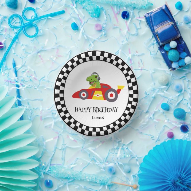Cute Dinosaur Birthday racing car boy kids name Paper Bowls (Party)