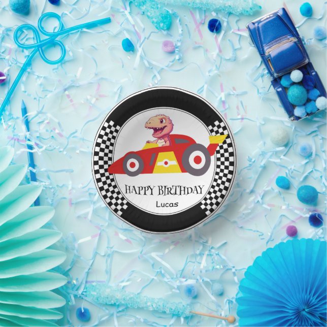 Cute Dinosaur Birthday racing car boy kids name Paper Bowls (Party)