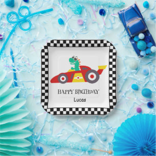 Cute Dinosaur Birthday racing car boy kids name Paper Plates