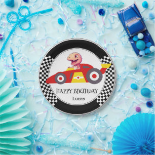 Cute Dinosaur Birthday racing car boy kids name Paper Plates