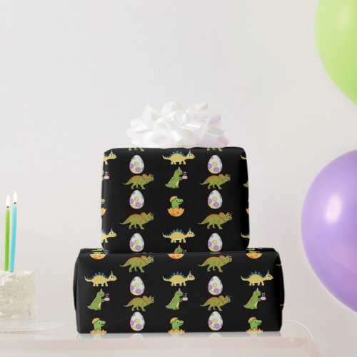 Cute Dinosaur Black Green Orange Cartoon Pattern Wrapping Paper