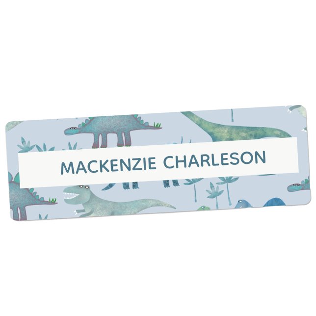 Cute Dinosaur Blue Custom Name Labels (Fun dinosaur pattern name labels)