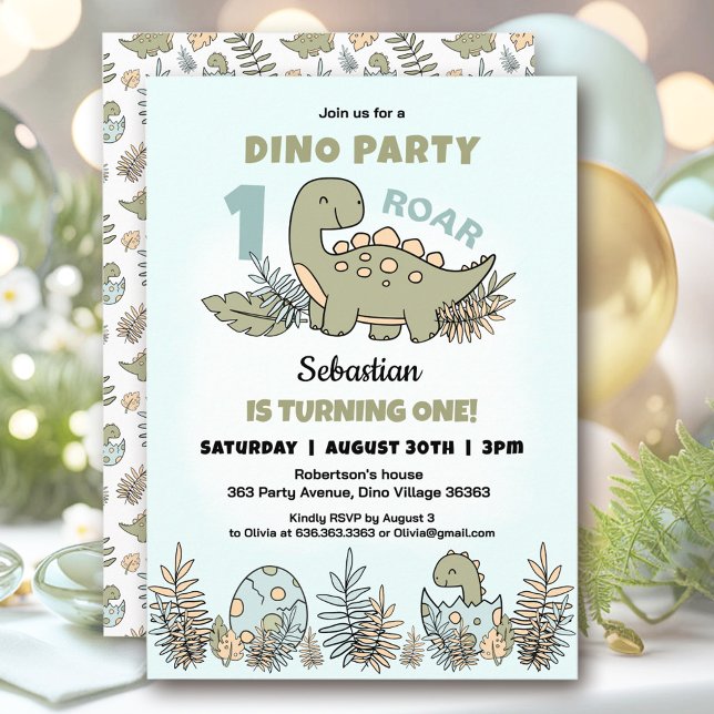 Cute Dinosaur Blue Green Boy 1st Birthday Invitation (Cute Dinosaur Blue Green Boy 1st Birthday Invitation)