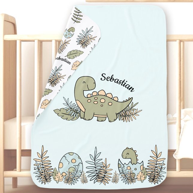 Cute Dinosaur Blue Green Custom Name Boy Baby Blanket (Cute Dinosaur Blue Green Custom Name Boy Baby Blanket)