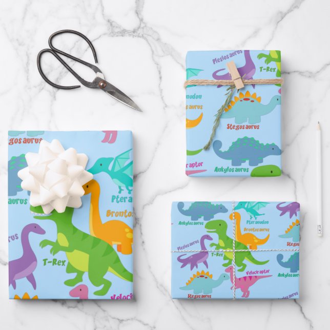 Cute Dinosaur Blue Wrapping Paper Sheets (Front)