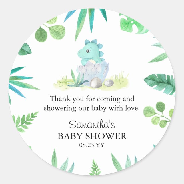 Cute Dinosaur Boy Baby Shower Thank You Classic Round Sticker (Front)