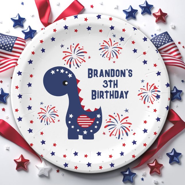 Cute Dinosaur Boy Birthday 4th of July  Paper Plates (Cute Dinosaur Boy Birthday 4th of July Paper Plates)