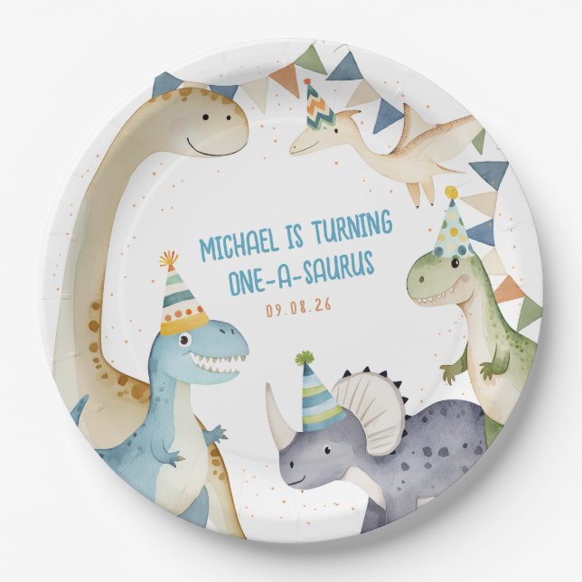 Cute Dinosaur boy dinomite birthday party Paper Plates (Front)