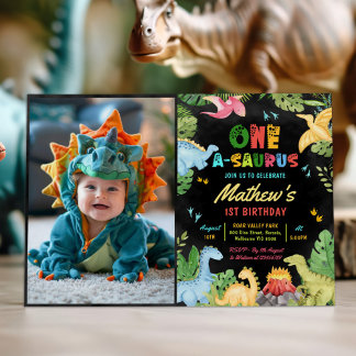 Cute Dinosaur Boy One-A-Saurus 1st Birthday Photo Invitation