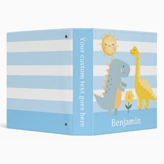 Cute Dinosaur Boy Turquoise Stripes Kawaii 3 Ring Binder