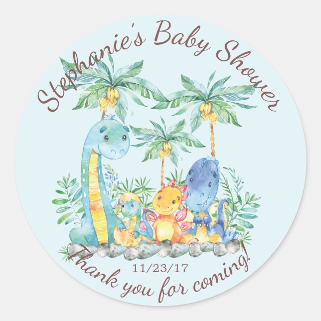 Cute Dinosaur Boys Baby Shower Favor Sticker (Front)
