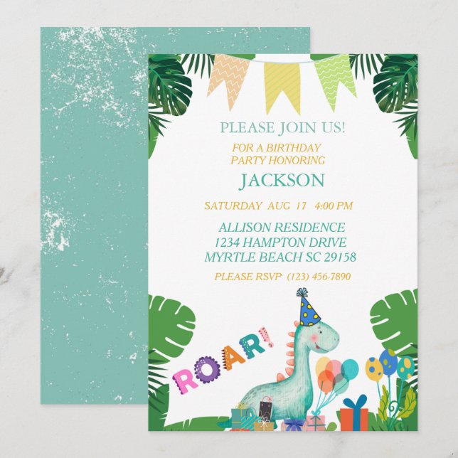 Cute Dinosaur Boys Birthday Party Invitation (Front/Back)