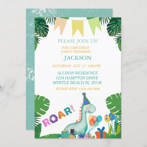 Cute Dinosaur Boys Birthday Party Invitation