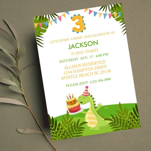 Cute Dinosaur Boys Third Birthday Party  Invitation