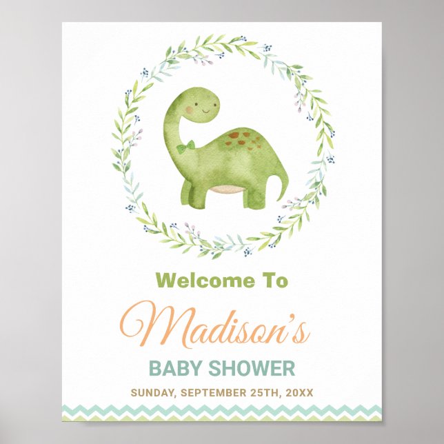 Cute Dinosaur Brontosaurus Boy Baby Shower Welcome Poster (Front)