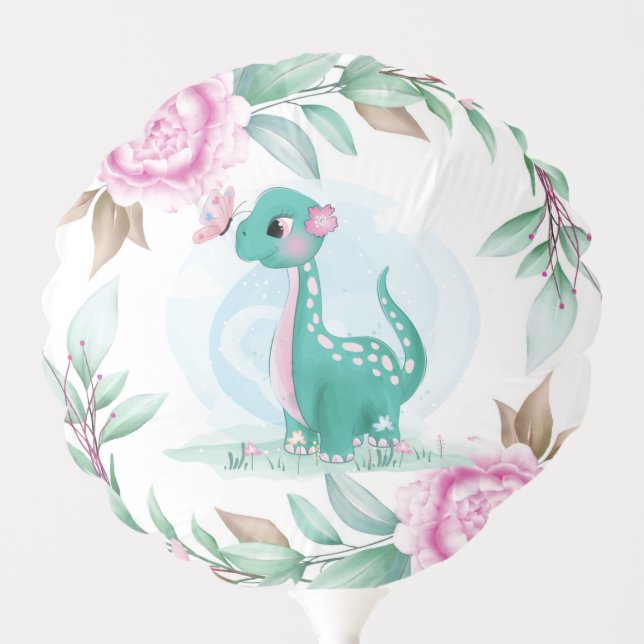 Cute Dinosaur Butterfly Peony Baby Shower Balloon (Front)