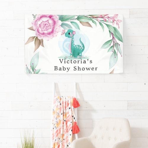 Cute Dinosaur Butterfly Pink Peony Baby Shower  Banner