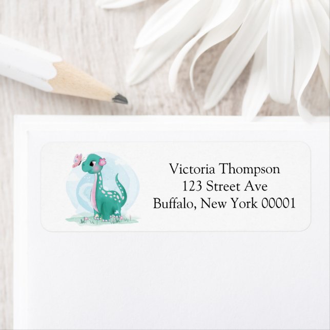 Cute Dinosaur Butterfly Pink Peony Baby Shower  Label (Insitu)