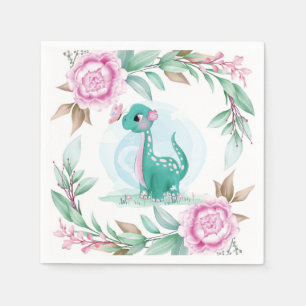 Cute Dinosaur Butterfly Pink Peony Baby Shower Napkins