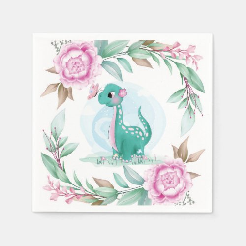 Cute Dinosaur Butterfly Pink Peony Baby Shower Napkins