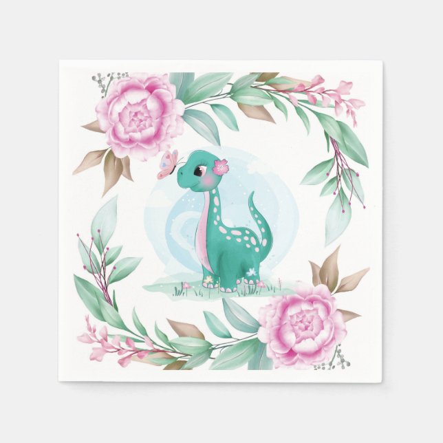 Cute Dinosaur Butterfly Pink Peony Baby Shower Napkins (Front)