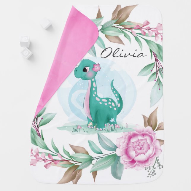 Cute Dinosaur Butterfly Pink Peony Monogram  Baby Blanket (In Situ)