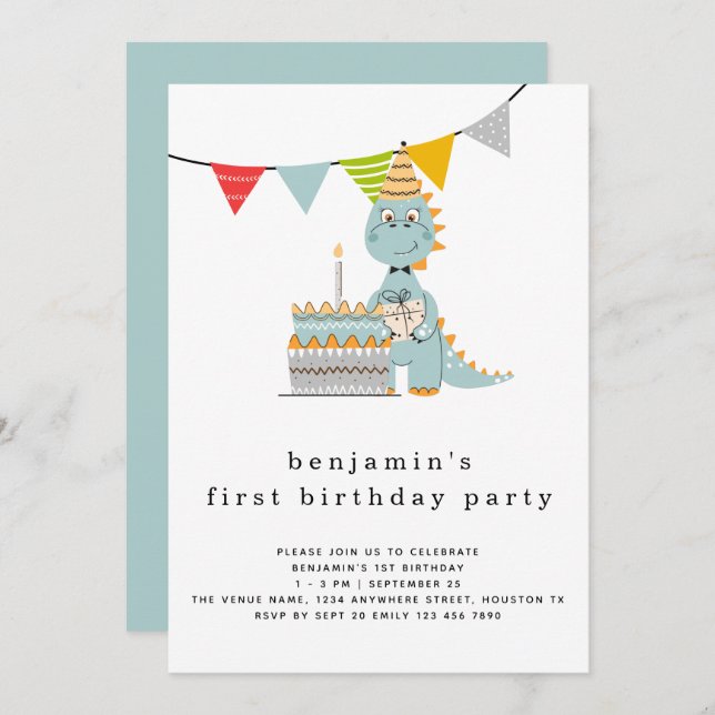 Cute Dinosaur Cake 1st Birthday Invitation (Front/Back)