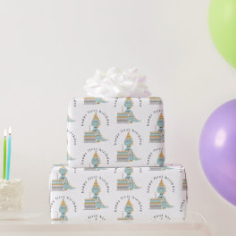 Cute Dinosaur Cake Happy 1st Birthday Wrapping Paper