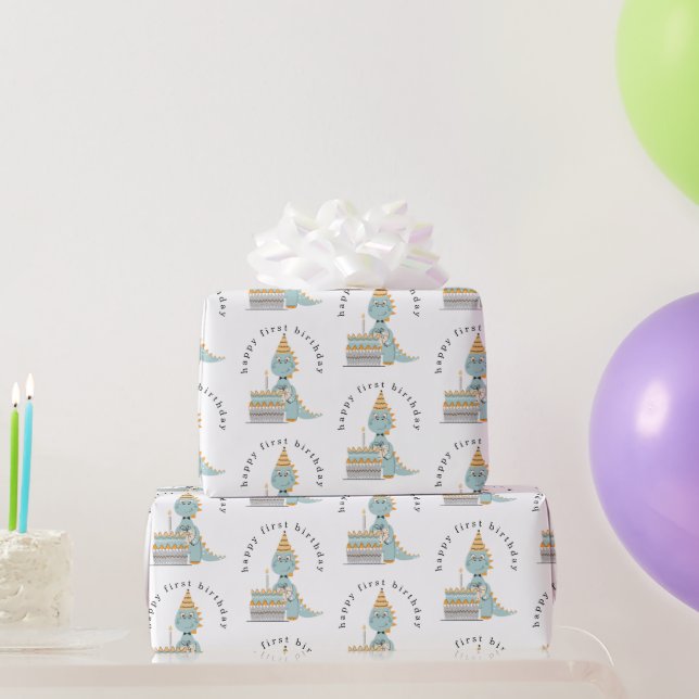 Cute Dinosaur Cake Happy 1st Birthday Wrapping Paper (Party Gifts)