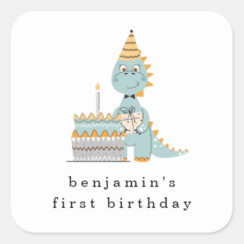 Cute Dinosaur Cake Name 1st Birthday Party Square Sticker