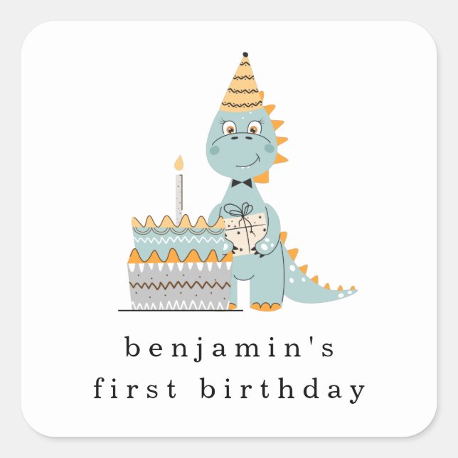 Cute Dinosaur Cake Name 1st Birthday Party Square Sticker (Front)