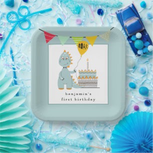 Cute Dinosaur Cake Powder Blue 1st Birthday  Paper Plates
